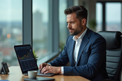 Homme d'affaires en costume analysant des graphiques financiers