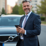 Homme d'affaires avec smartphone et clés de voiture devant sa voiture