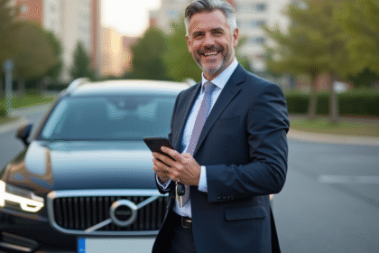 Homme d'affaires avec smartphone et clés de voiture devant sa voiture