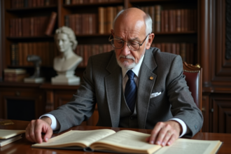 Homme âgé en costume étudiant des documents financiers