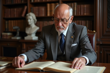 Homme âgé en costume étudiant des documents financiers