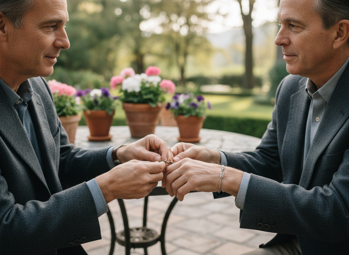 Homme âgé ajustant un bracelet à une femme dans un jardin