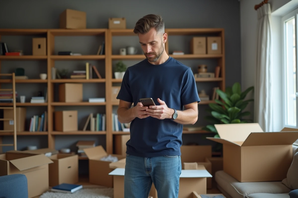 Homme consultant l'application France Travail sur smartphone lors d'un déménagement