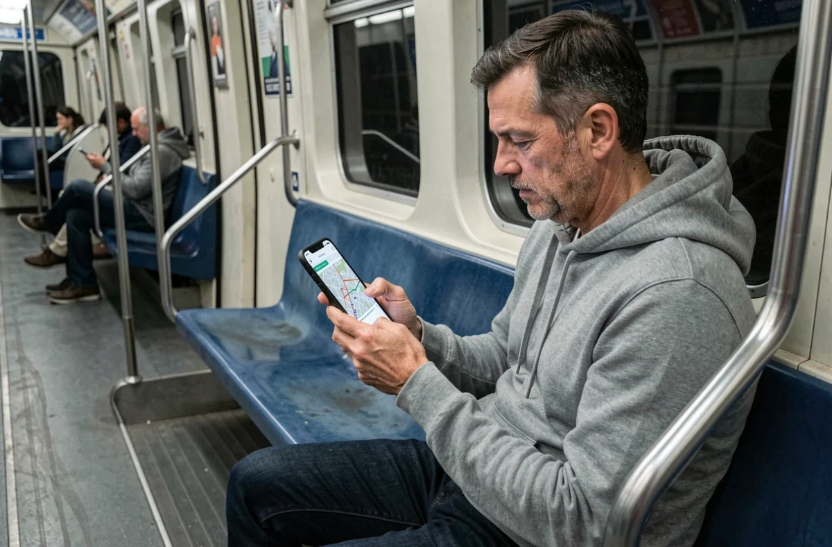 Homme consultant une application de plan du métro ligne 9 dans une rame parisienne