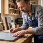Un homme en tablier examine un panneau en matériau composite dans son atelier de bricolage à domicile