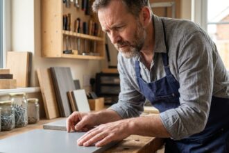 Un homme en tablier examine un panneau en matériau composite dans son atelier de bricolage à domicile