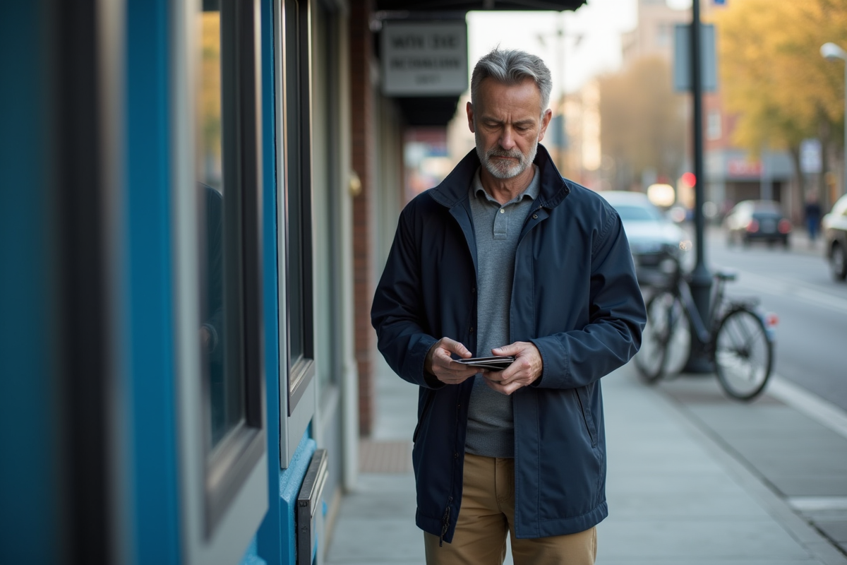 Homme vérifiant son portefeuille devant un distributeur automatique en ville