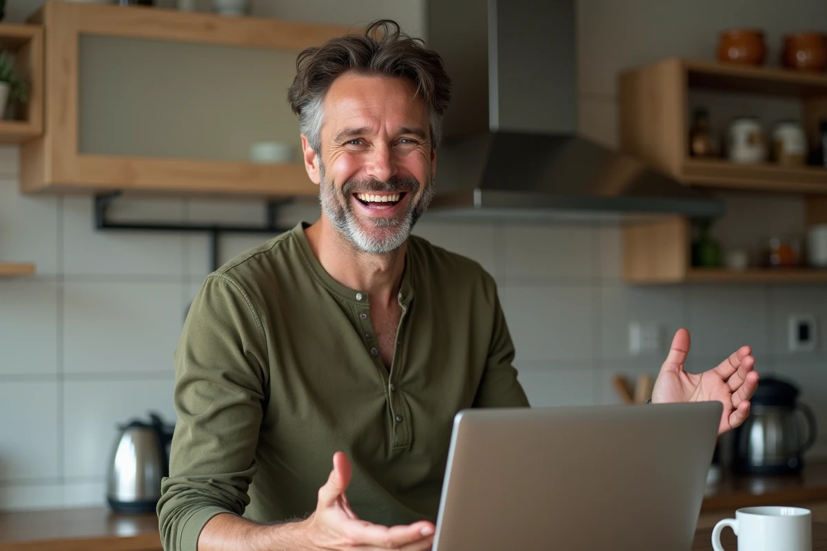 Homme souriant qui raconte une blague lors d'un appel vidéo depuis sa cuisine