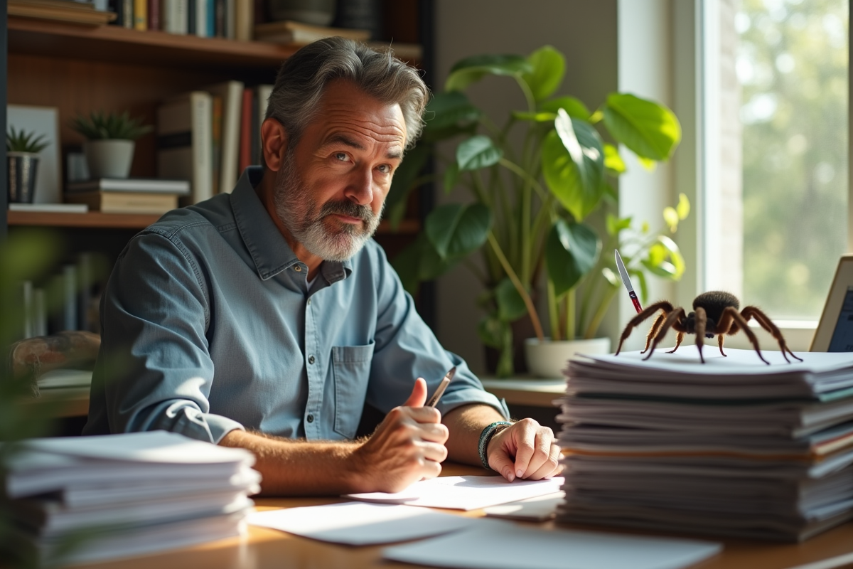 Homme au bureau surpris par une araignée sur des dossiers