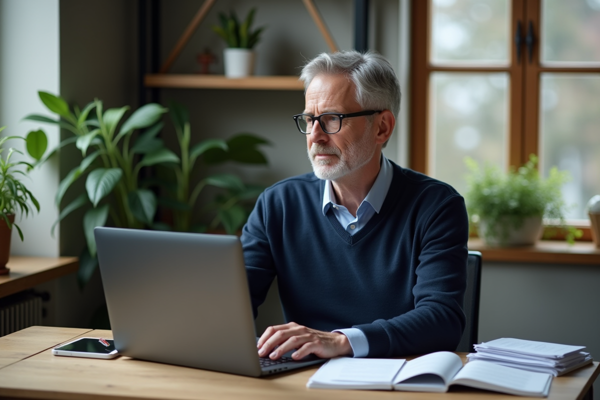 Homme concentré travaillant sur son ordinateur dans un bureau à domicile