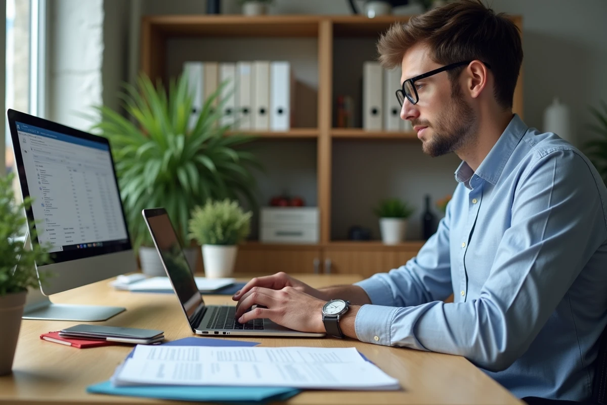 Jeune homme travaillant sur ordinateur dans un bureau moderne