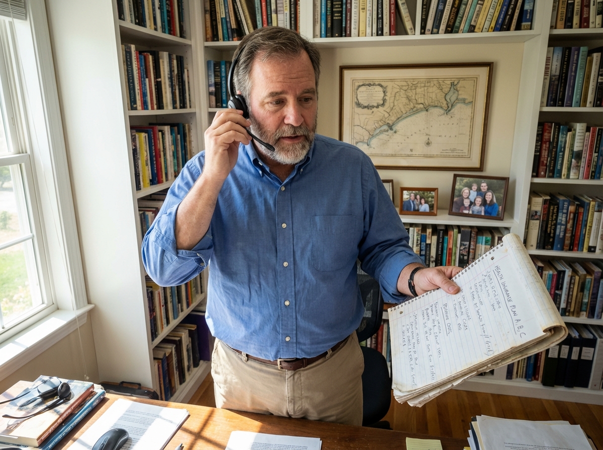 Homme d age discute au telephone dans son bureau maison