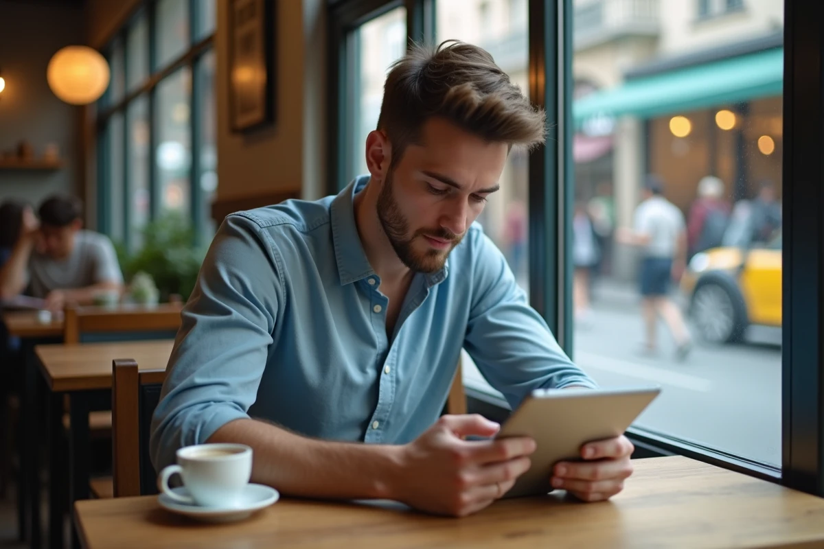 Jeune homme au café consulte un planning de remboursement sur tablette
