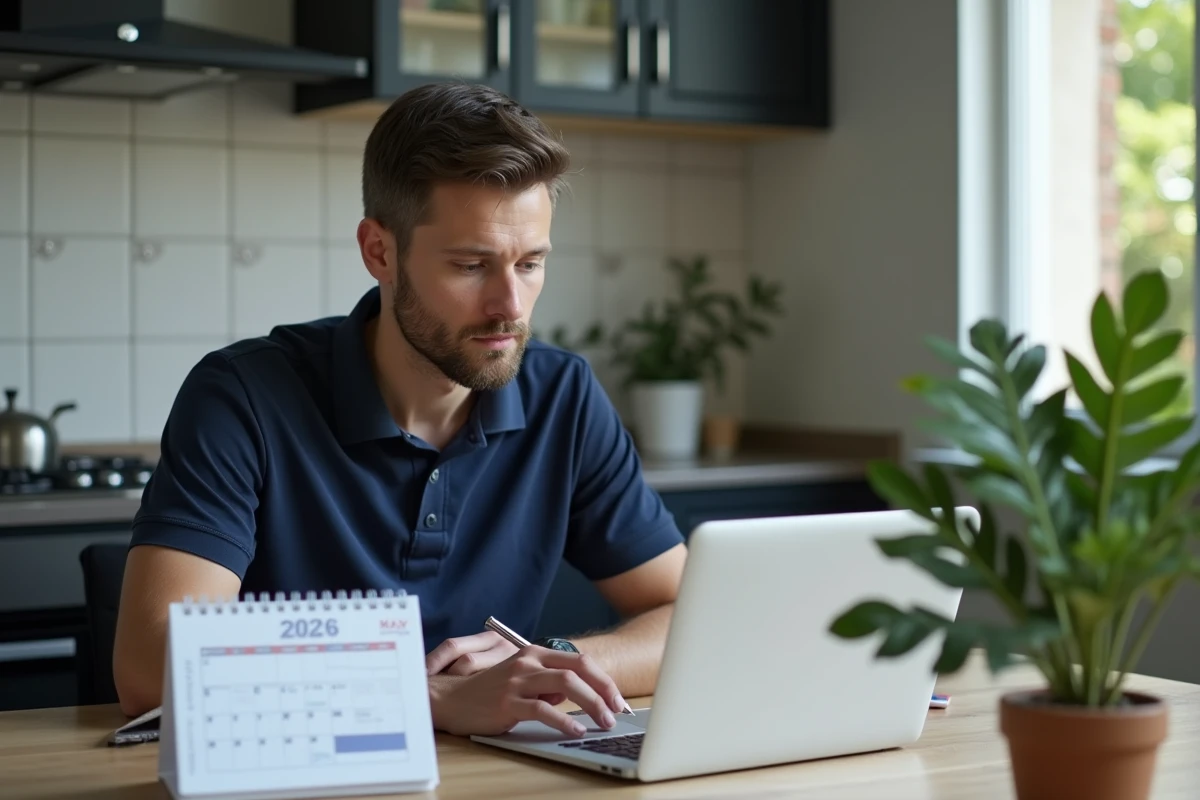 Homme consultant un calendrier de mai et un tableau de calcul de salaire sur ordinateur portable à la maison