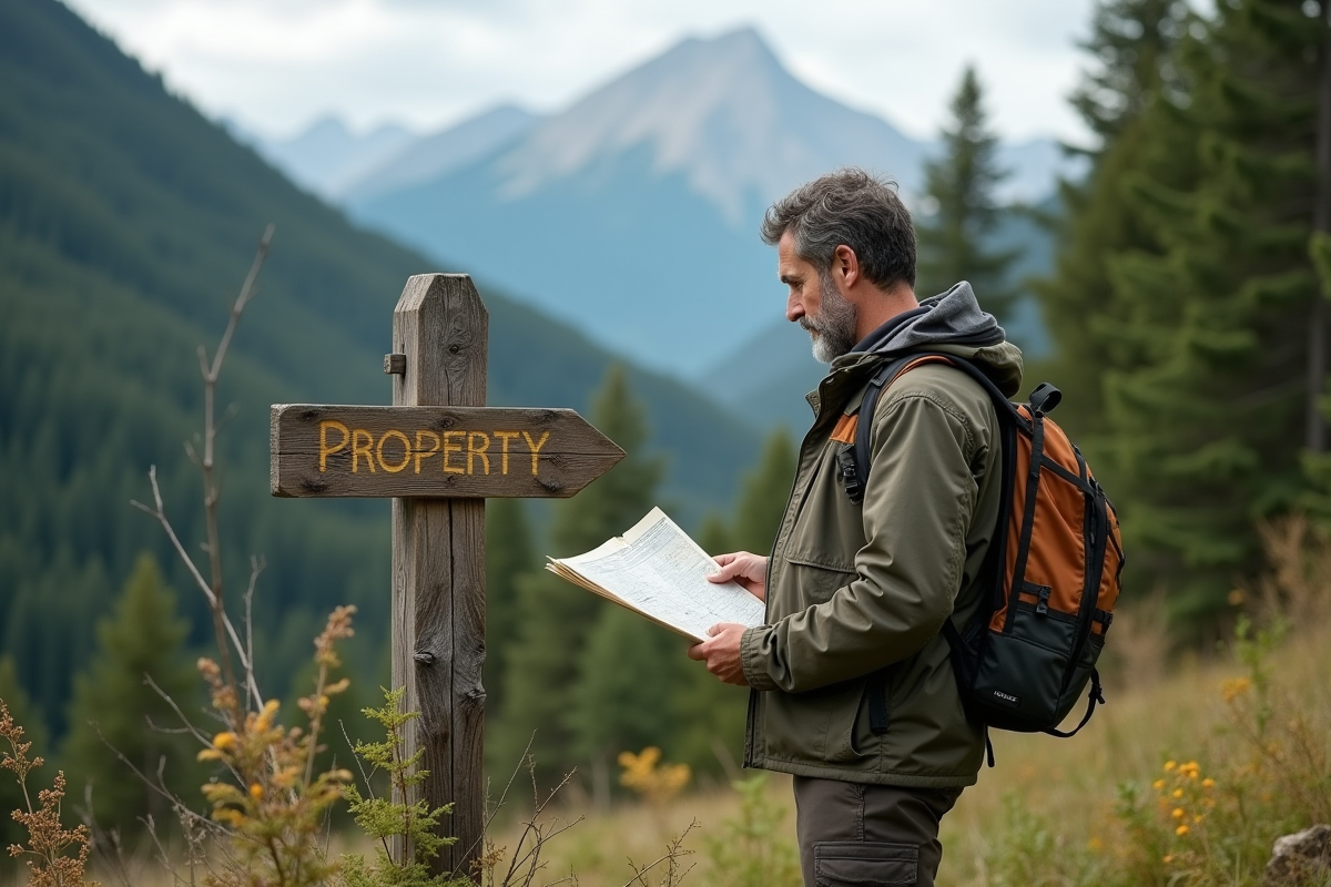 Homme d'âge moyen examinant un poteau en pleine nature