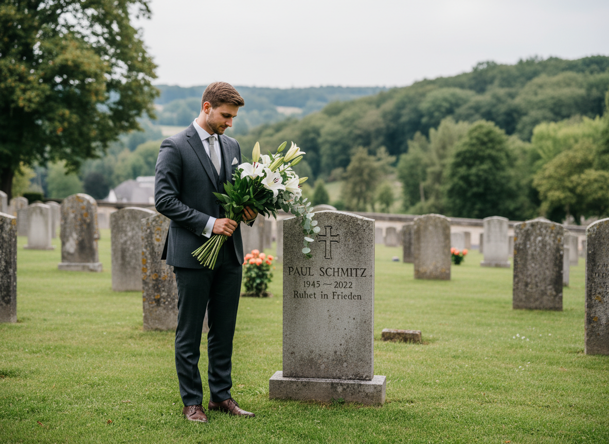 Jeune homme avec bouquet de lys au cimetière au Luxembourg