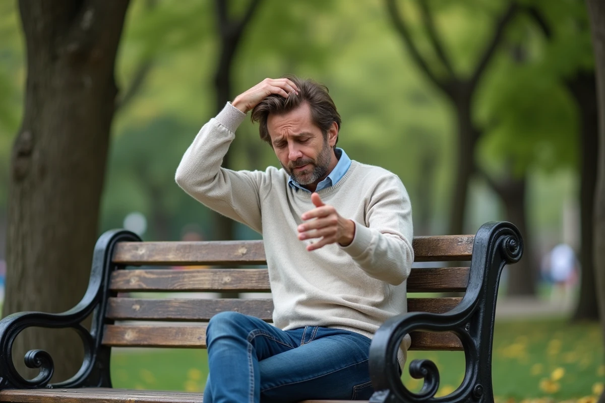 Homme frustré regarde ses cheveux cassés sur un banc de parc
