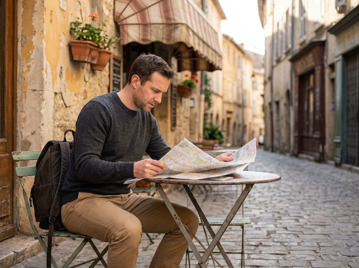 Homme en city-break dans une rue pavée européenne consultant une carte avec un sac à dos minimaliste