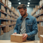 Homme curieux examinant un colis dans un entrepôt postal