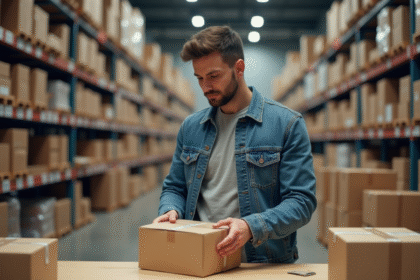 Homme curieux examinant un colis dans un entrepôt postal