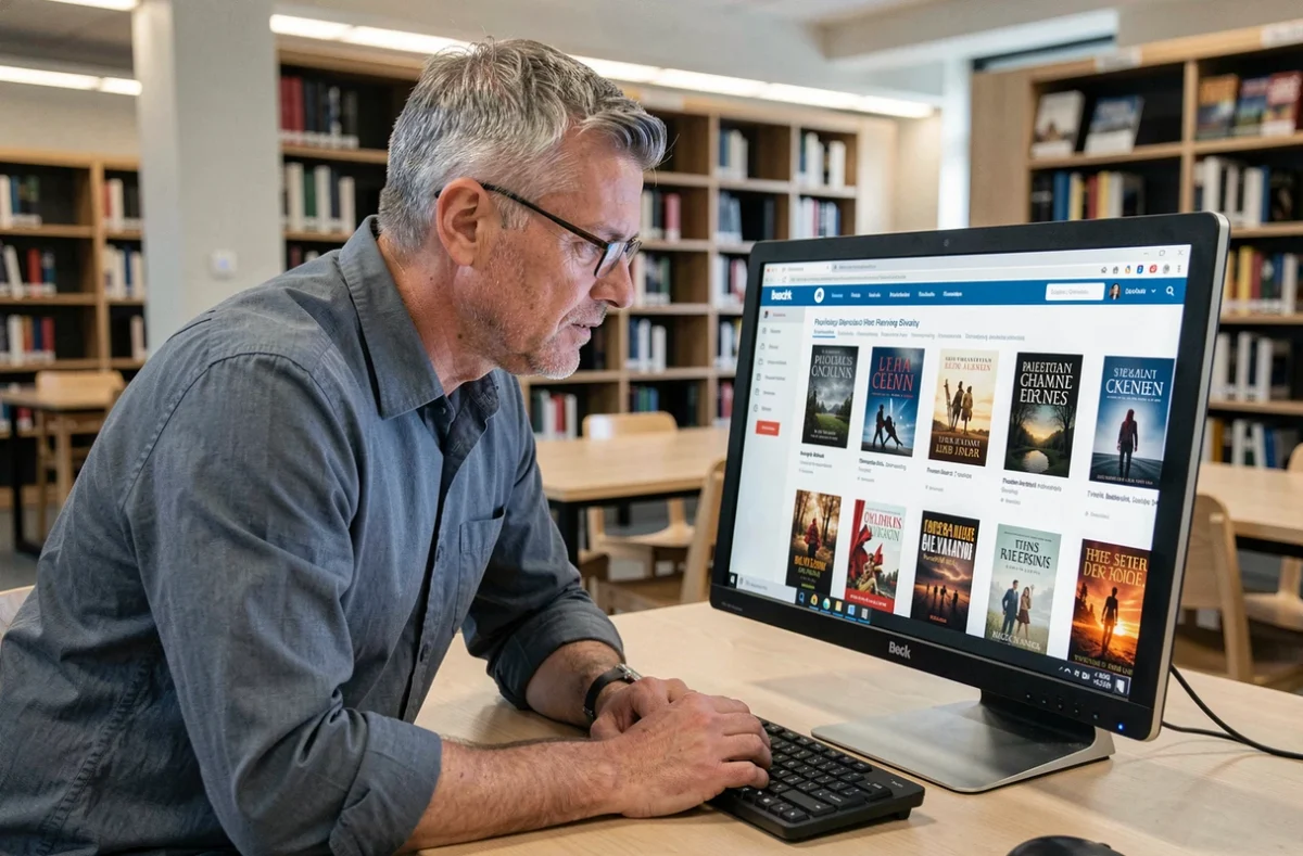 Homme avec lunettes consultant un site d'ebooks numériques sur ordinateur dans une bibliothèque publique moderne
