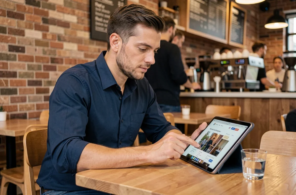 Homme consultant un site web sur sa tablette dans un café urbain avant de s'inscrire