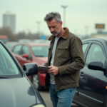Homme d'âge moyen inspectant une voiture d'occasion en extérieur