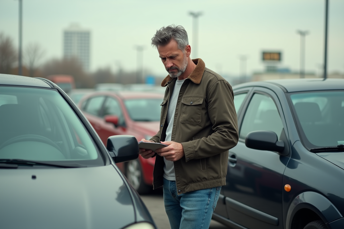 Homme d'âge moyen inspectant une voiture d'occasion en extérieur