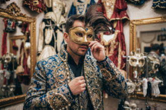 Homme en costume de carnaval venetien en boutique