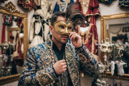 Homme en costume de carnaval venetien en boutique