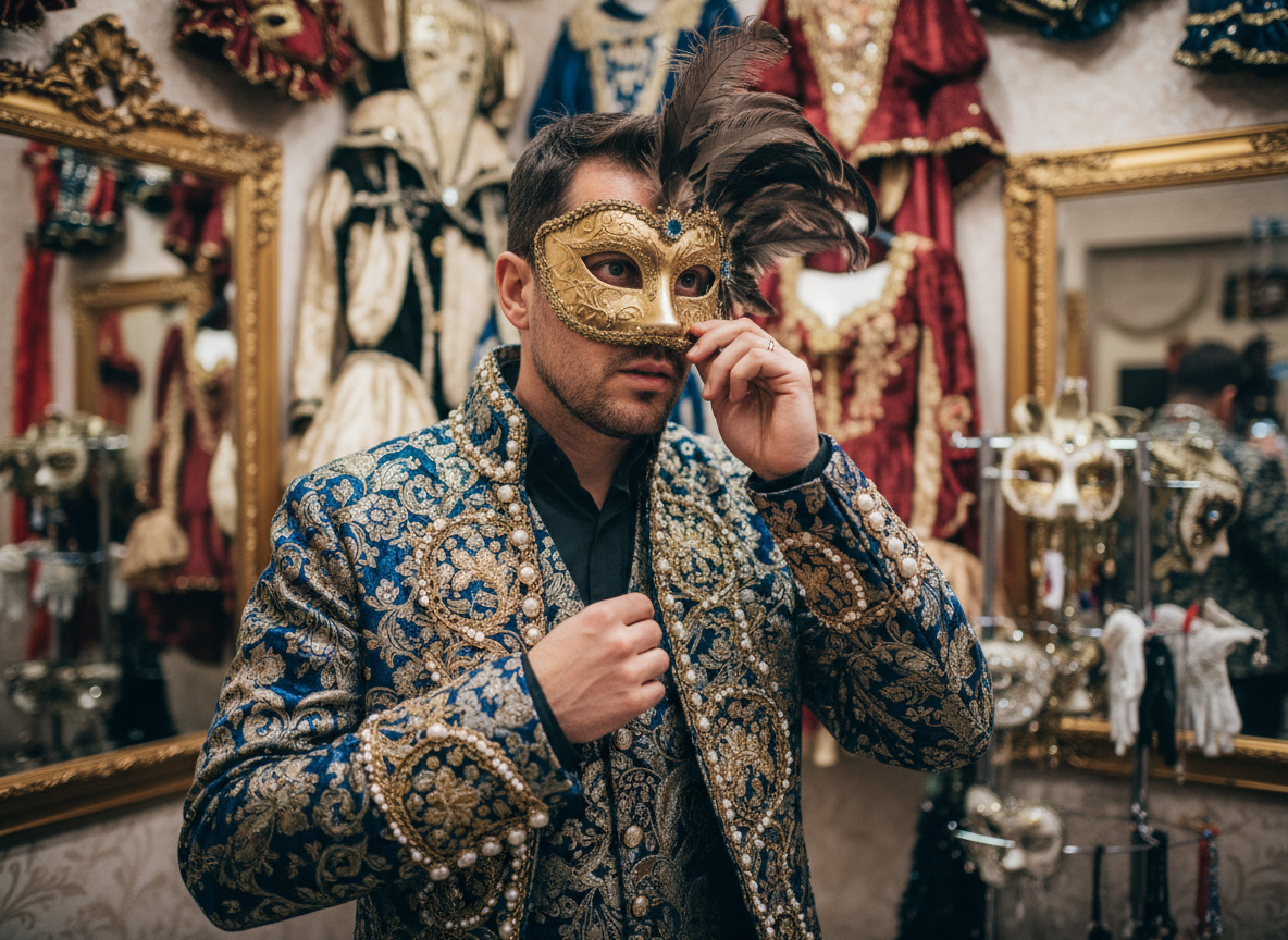 Homme en costume de carnaval venetien en boutique