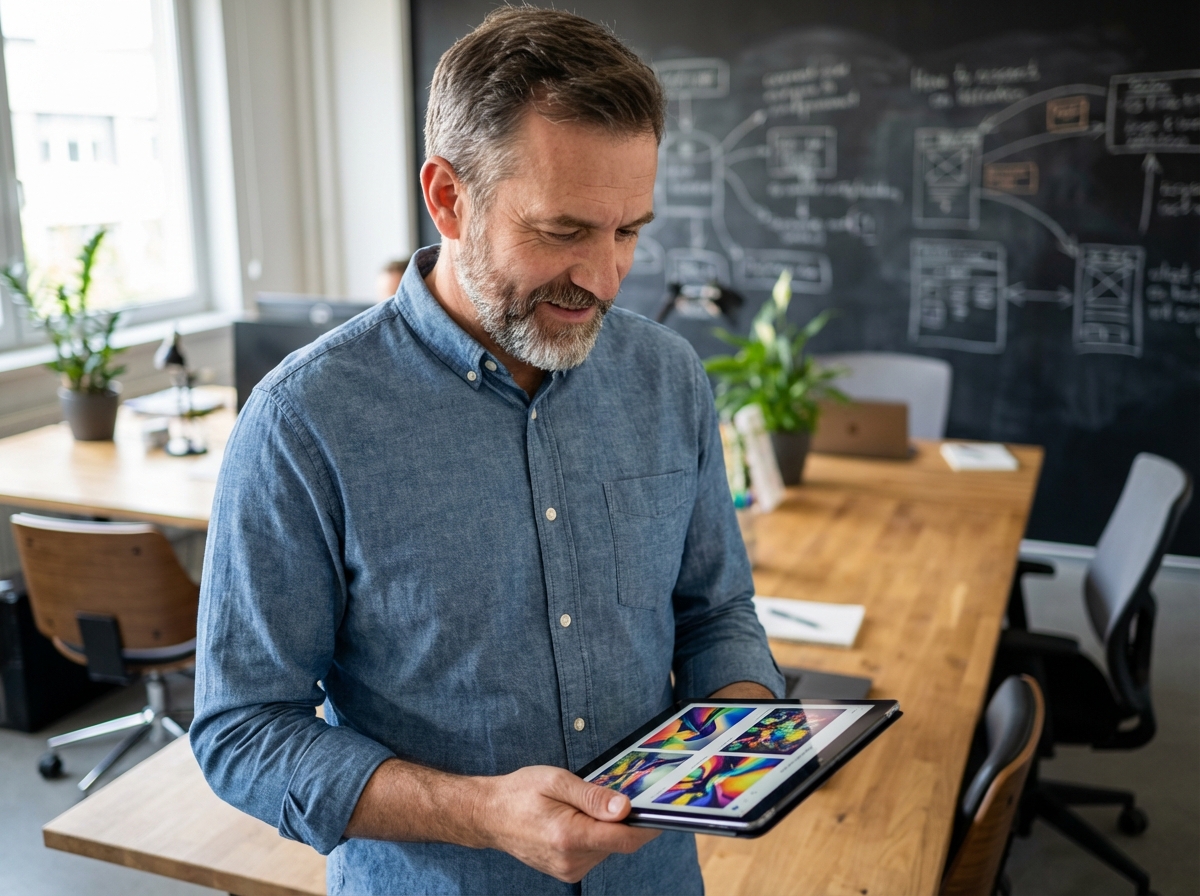 Homme en coworking tenant une tablette avec images IA