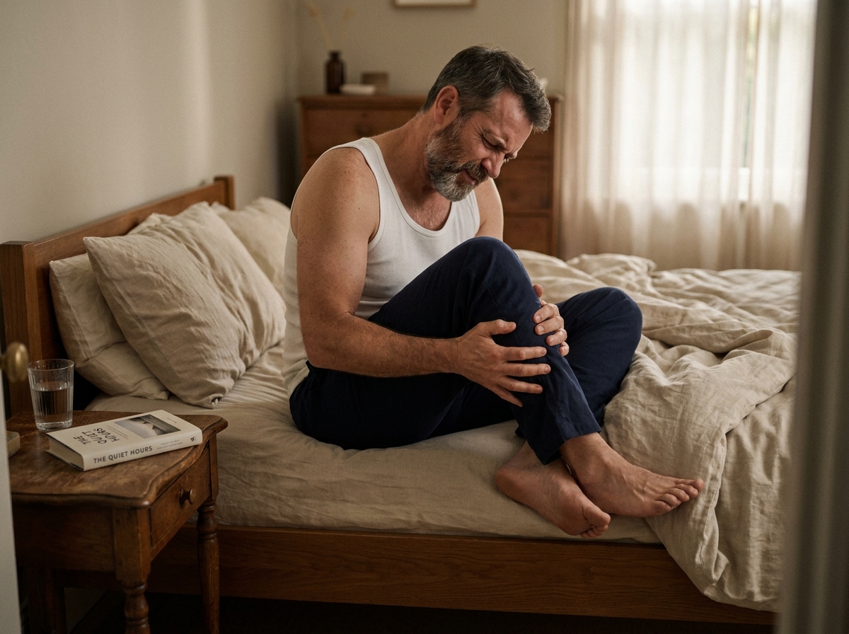 Homme assis sur le bord du lit se massant le mollet en raison d'une crampe musculaire liée au manque de magnésium
