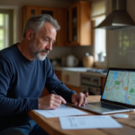 Homme d age moyen examine une carte sur son ordinateur dans une cuisine rustique