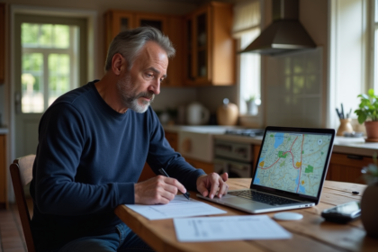Homme d age moyen examine une carte sur son ordinateur dans une cuisine rustique