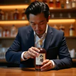 Homme examinant attentivement une bouteille de whisky japonais Akashi dans un bar à whisky raffiné