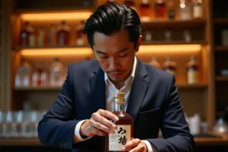 Homme examinant attentivement une bouteille de whisky japonais Akashi dans un bar à whisky raffiné