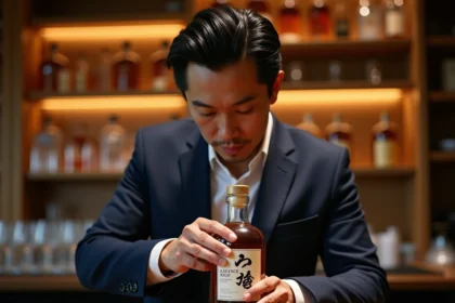 Homme examinant attentivement une bouteille de whisky japonais Akashi dans un bar à whisky raffiné
