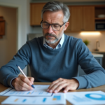 Homme d'âge moyen analysant des documents financiers à la maison