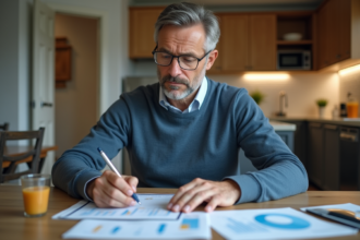 Homme d'âge moyen analysant des documents financiers à la maison