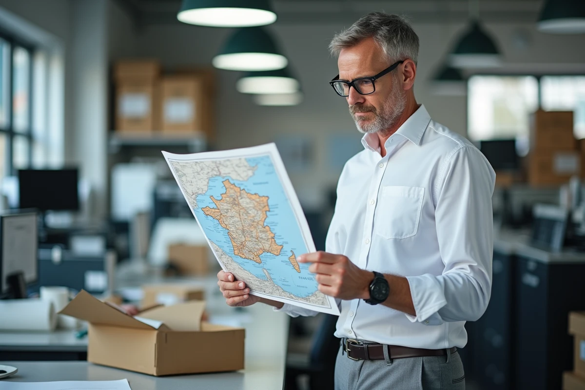 Homme examinant une carte de France imprimée dans un atelier d