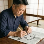 Homme japonais concentré résolvant une grille de mots croisés dans un intérieur traditionnel japonais
