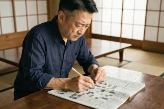 Homme japonais concentré résolvant une grille de mots croisés dans un intérieur traditionnel japonais