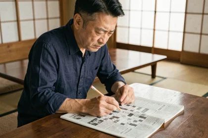 Homme japonais concentré résolvant une grille de mots croisés dans un intérieur traditionnel japonais