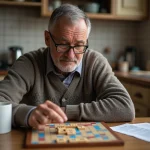 Homme d'âge moyen jouant au Scrabble dans la cuisine