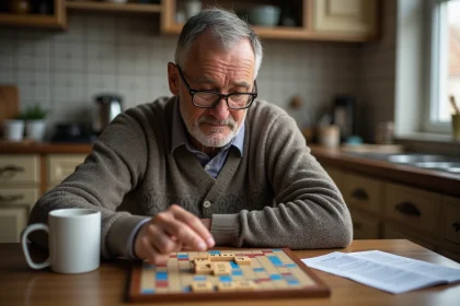 Homme d'âge moyen jouant au Scrabble dans la cuisine