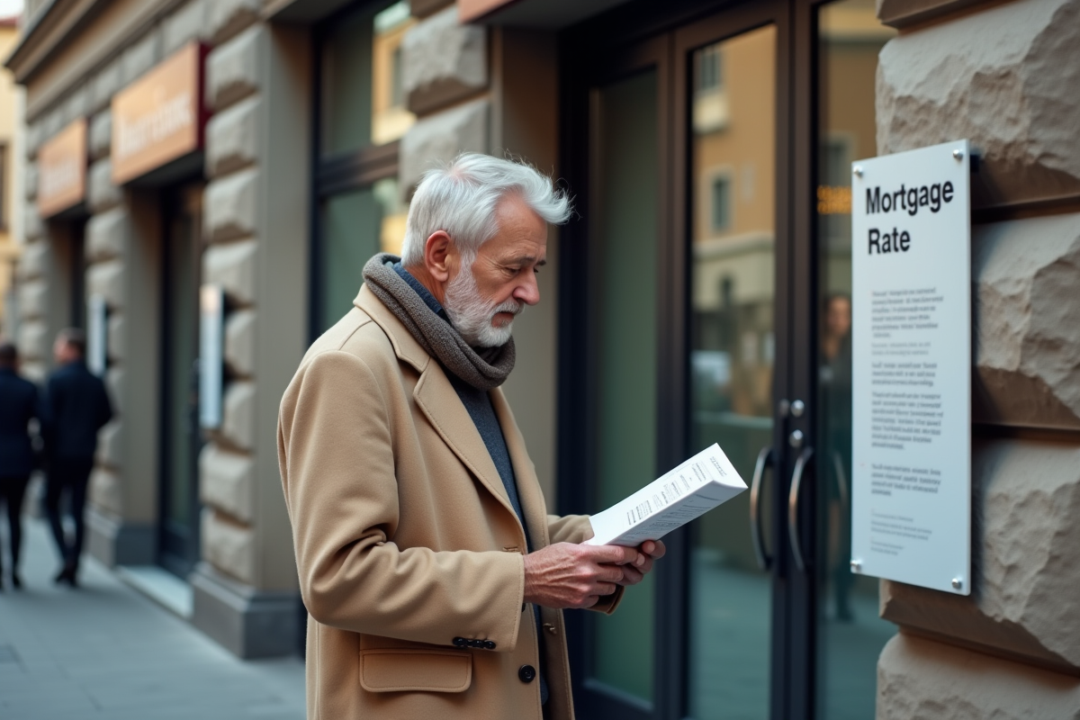 Homme âgé regardant une affiche de taux hypothécaires devant une banque