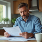 Homme d'âge moyen lisant des documents dans une cuisine moderne