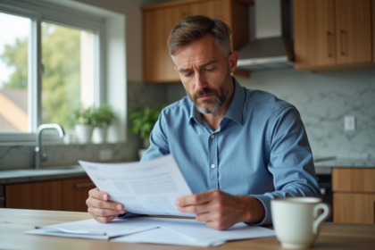 Homme d'âge moyen lisant des documents dans une cuisine moderne