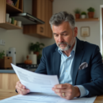 Homme d'âge moyen lisant des documents immobiliers dans la cuisine